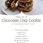 A stack of thick, chewy chocolate chip cookies with melty semi-sweet chocolate chunks and golden browned-butter edges.