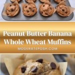 These healthy Peanut Butter Banana Muffins are soft, fluffy, and loaded with chocolate chips! Made with whole wheat pastry flour, Greek yogurt, and peanut butter for a protein boost, and naturally sweetened with maple syrup. The perfect wholesome breakfast, snack, or lunchbox treat the whole family will love. Easy to make and freezer-friendly! 🍌🥜🍫