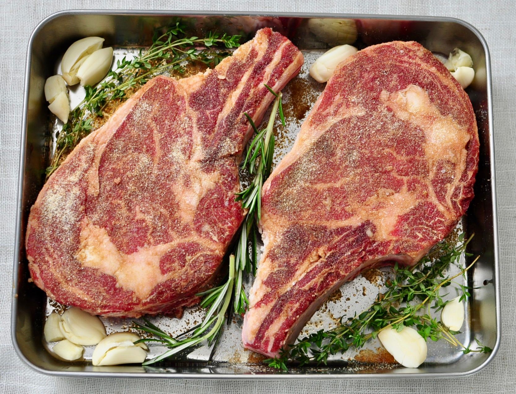 Marinate steak with soy sauce, salt, garlic and onion granules