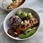 Asian Glazed Broiled Salmon with rice and bok choy