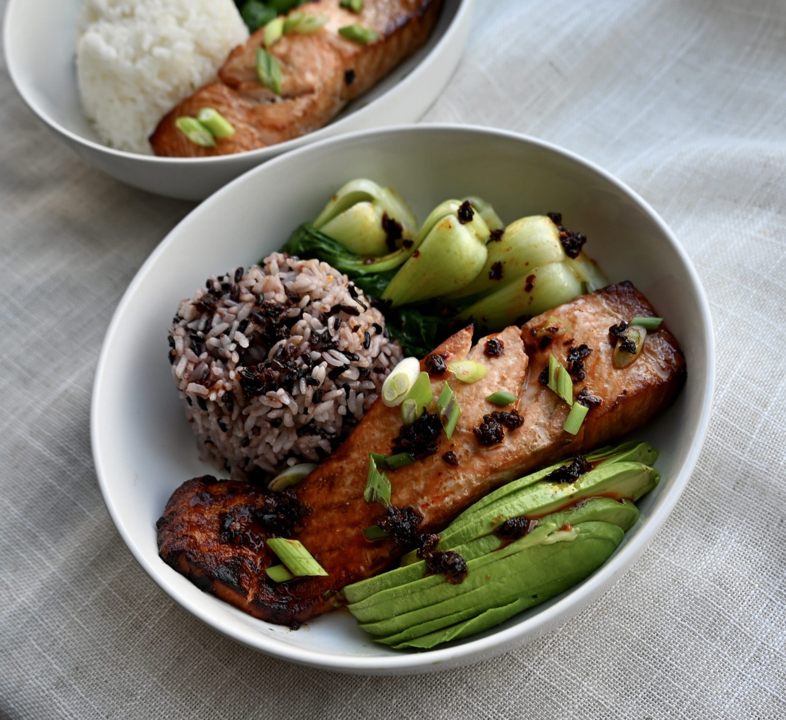 Asian Glazed Broiled Salmon with rice and bok choy