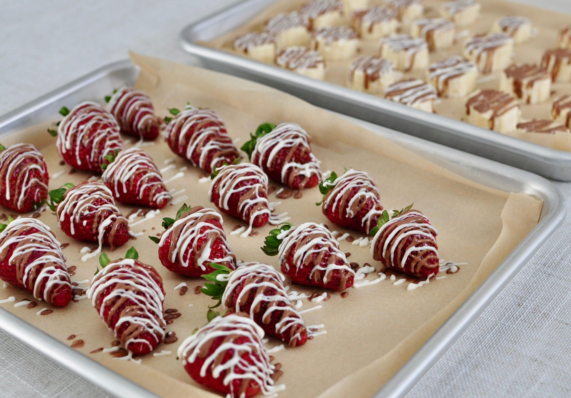 Chocolate and White Chocolate drizzled strawberries and bananas
