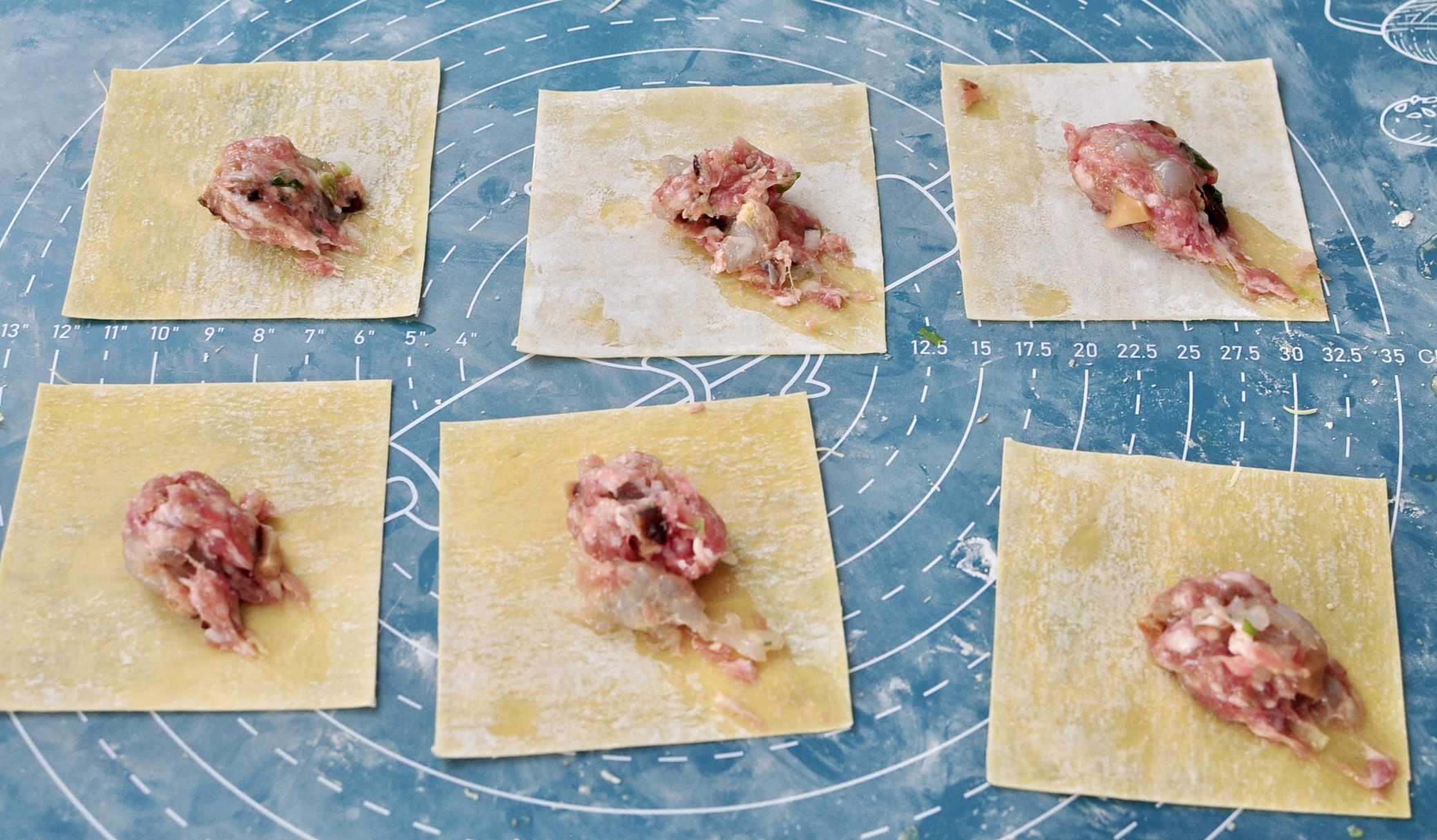 Wonton wrappers ready to fold
