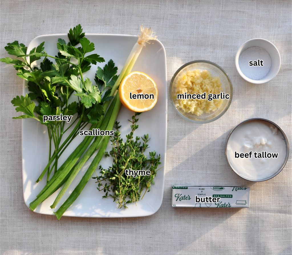 Ingredients for Compound Butter Scallions Garlic Parsley Thyme Beef Tallow