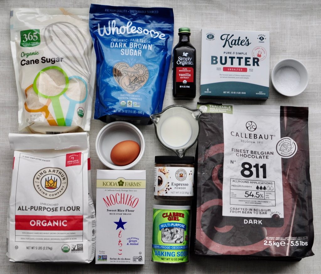 Ingredients for chewy chocolate chip cookies with glutinous rice flour