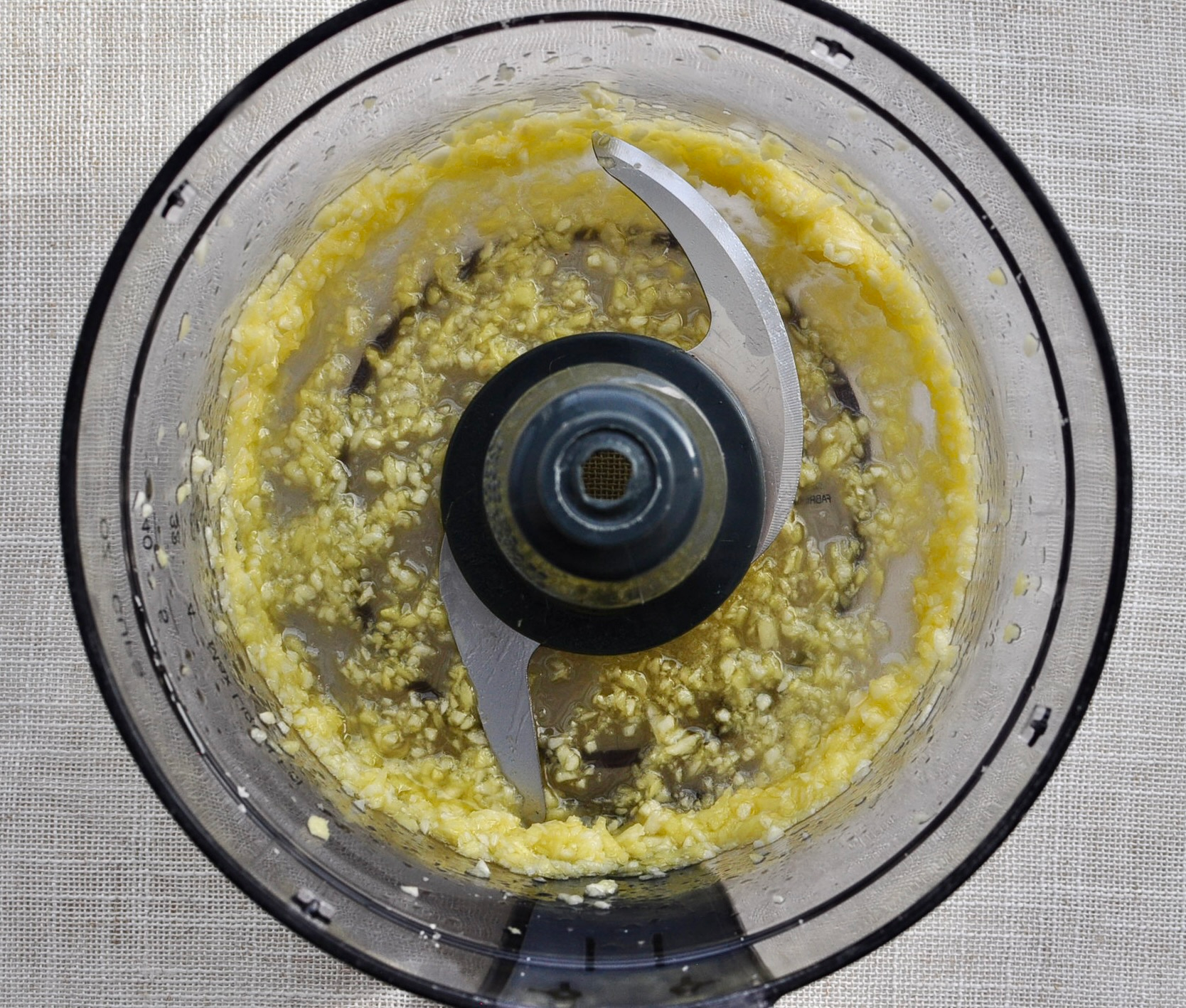 Garlic cloves, fresh ginger, salt and olive oil in a paste in food processor