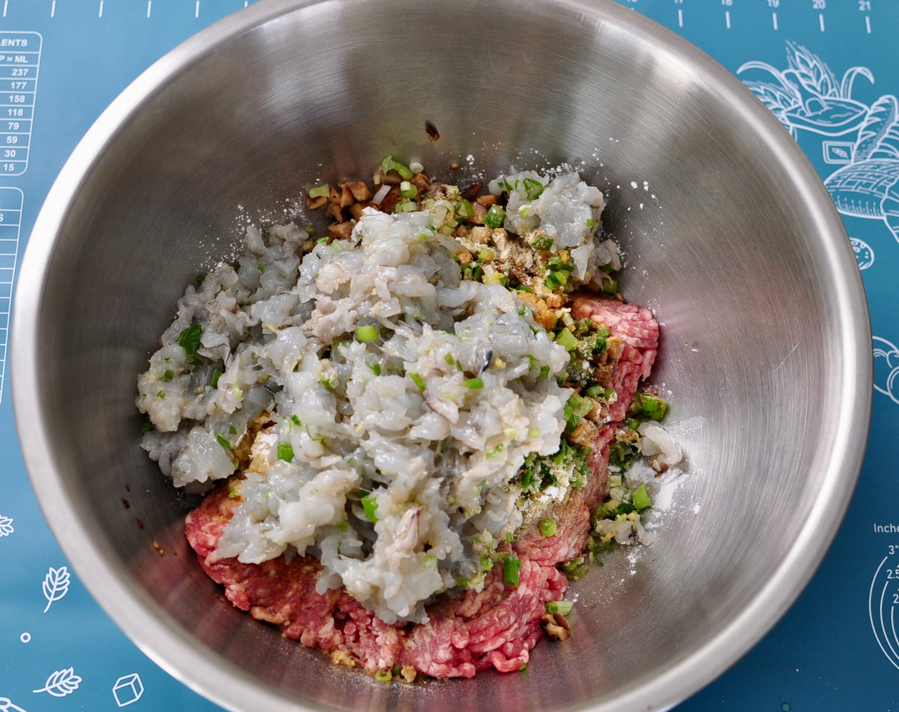 Wonton ingredients in mixing bowl