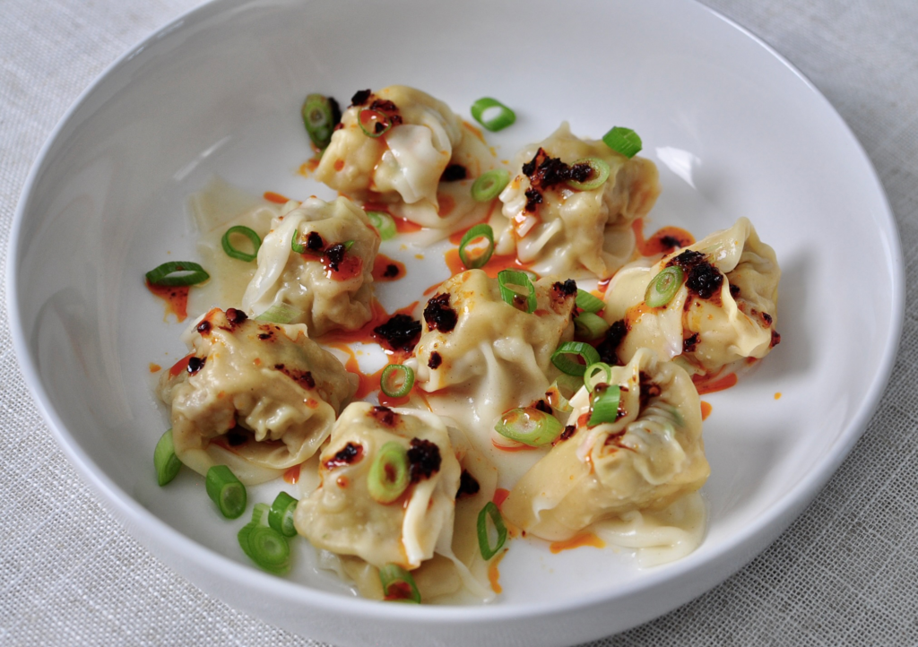 Wontons with scallions and chili crisp
