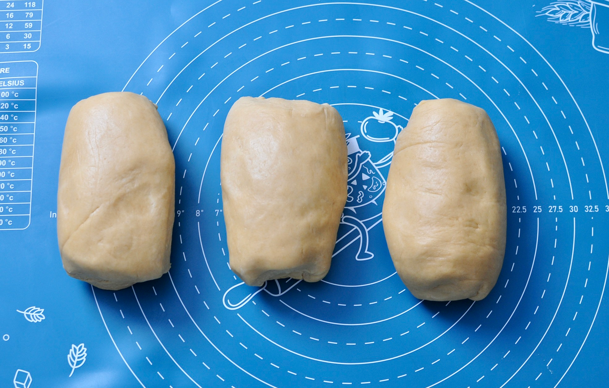 Babka dough divided in 3 equal pieces