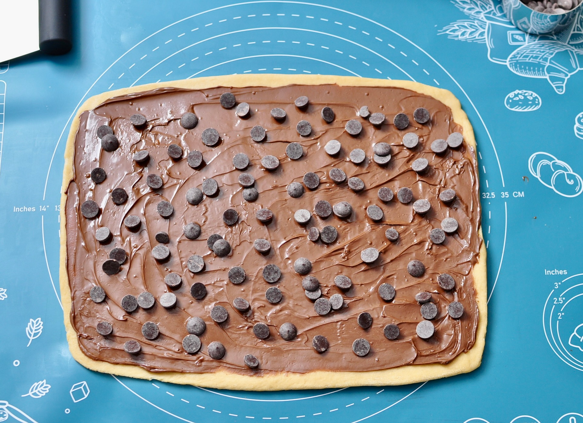 Chocolate chips and nutella on babka dough
