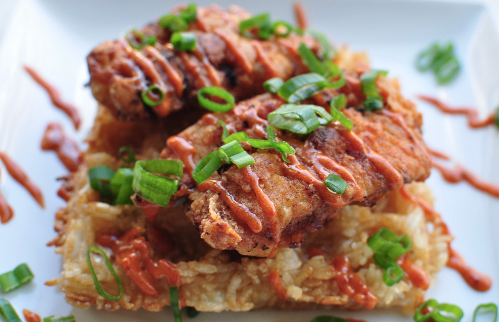Korean fried chicken and rice waffle