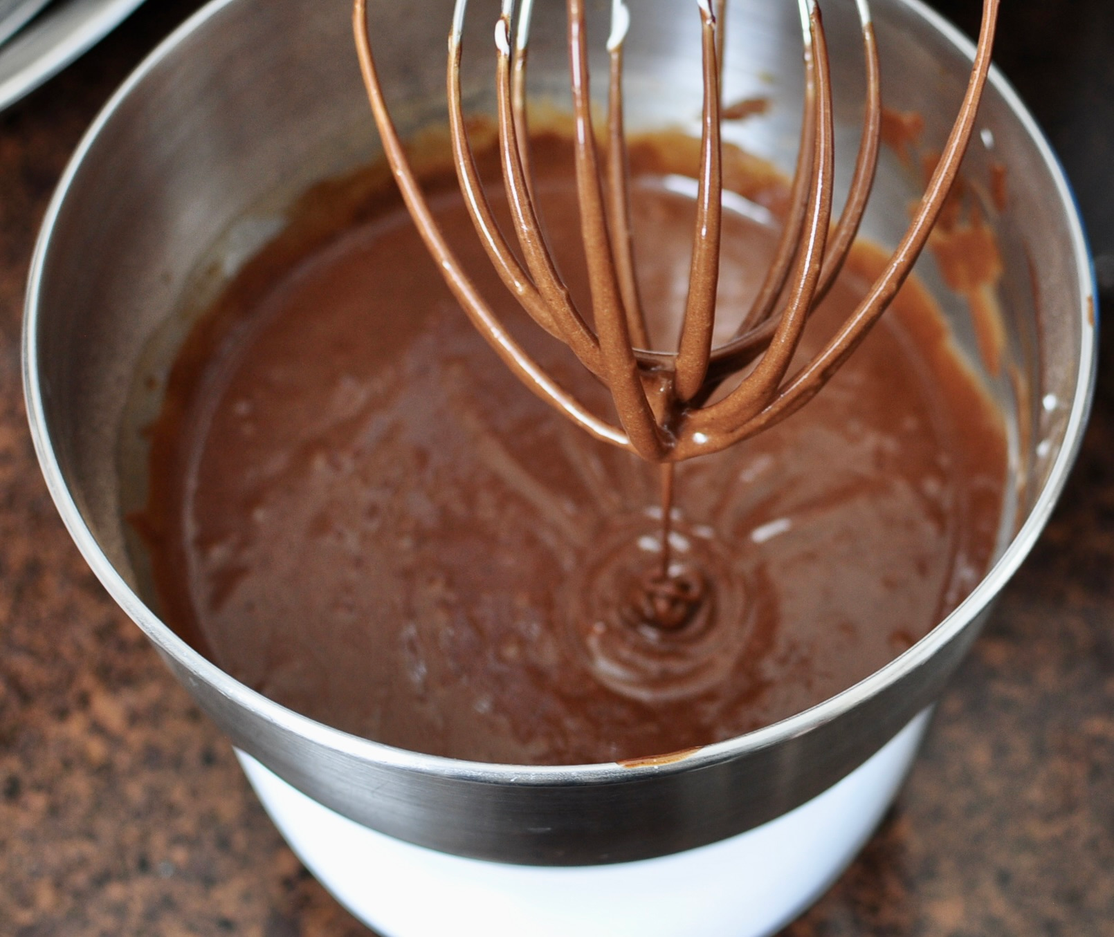 Chocolate Cake batter in mixing bowl