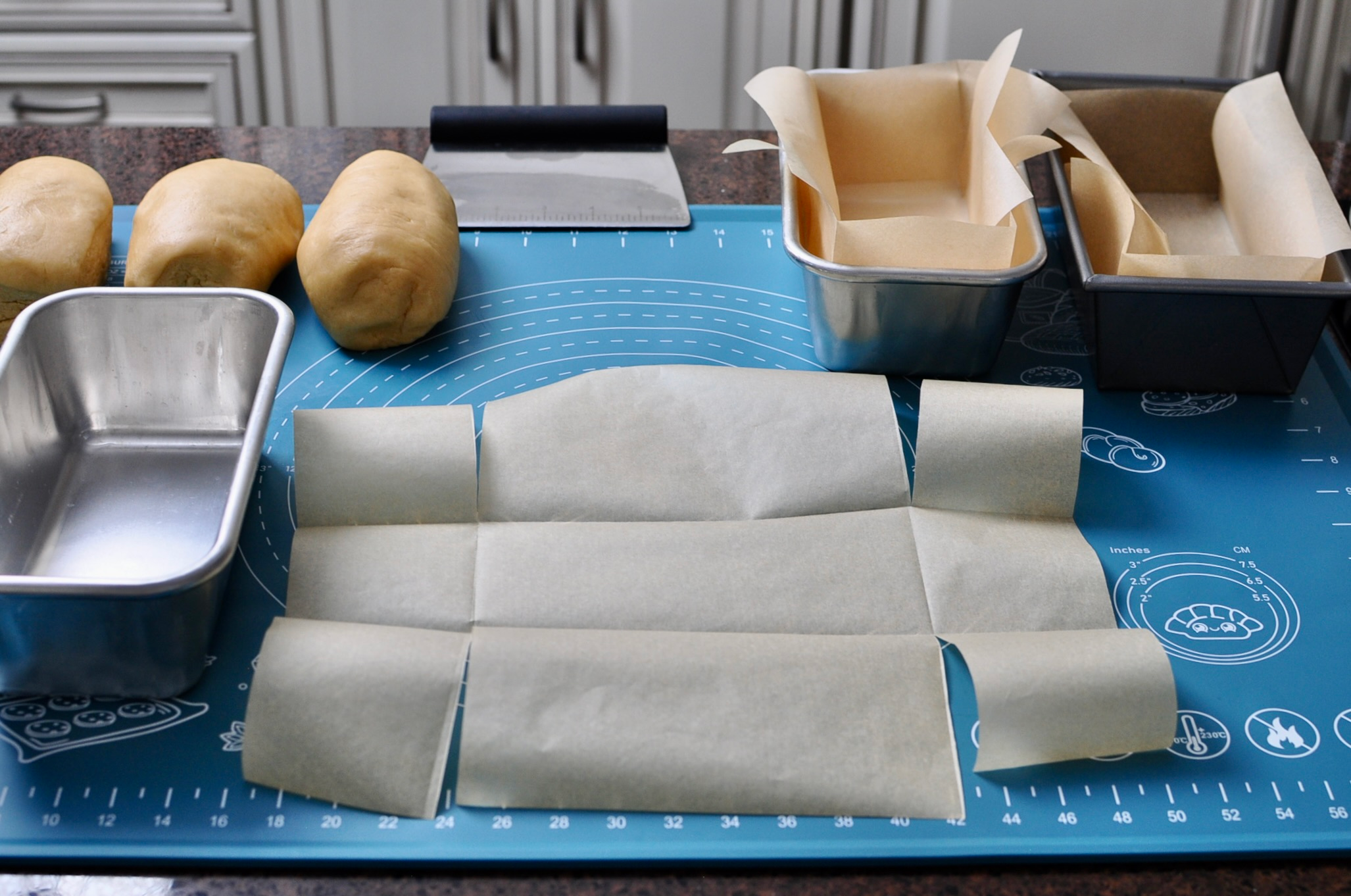 Parchment lined loaf pans for babka