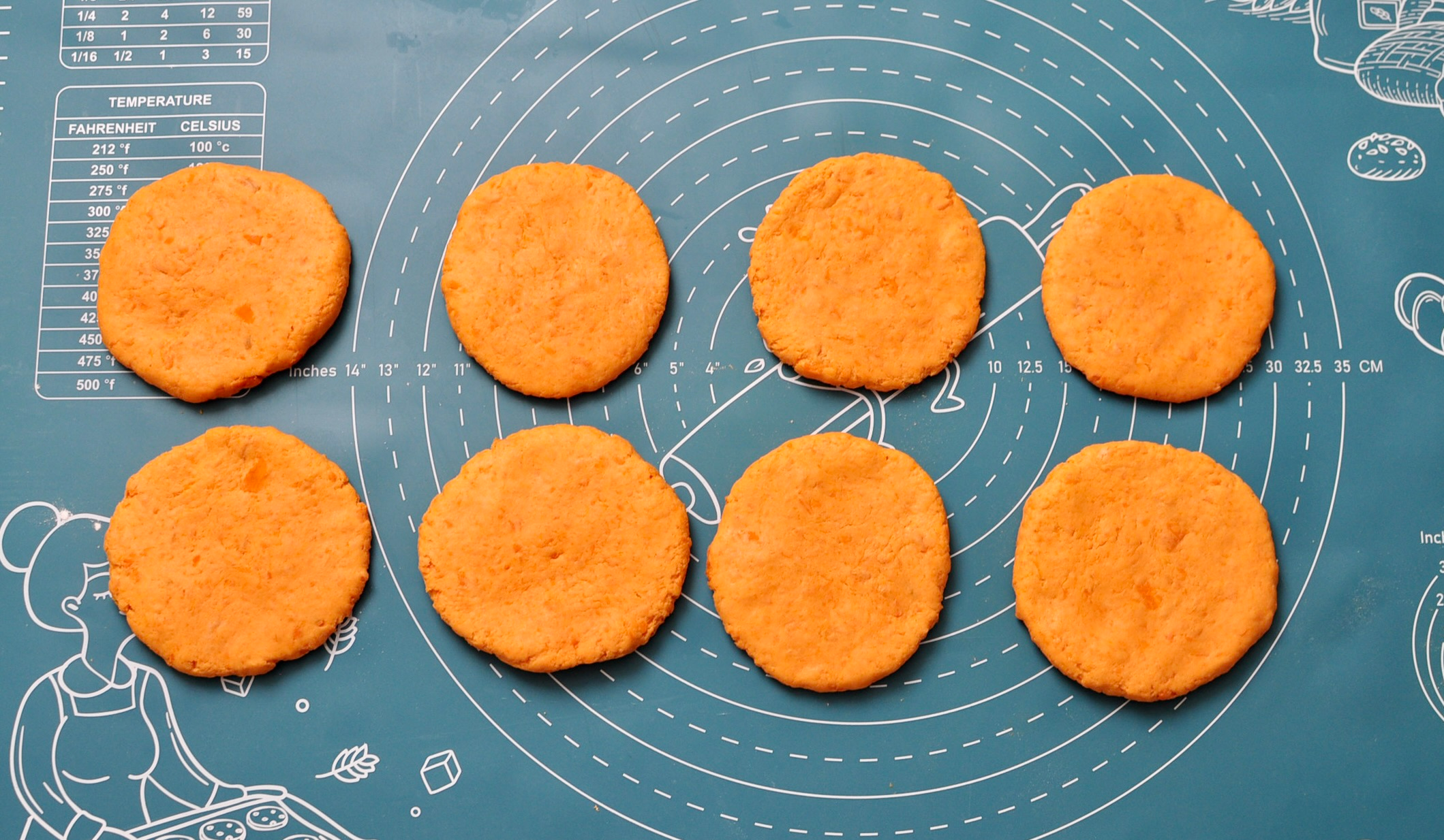 Sweet potato and sweet rice flour dough balls flattened to pancake shape
