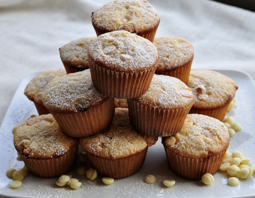 Vanilla muffins with vanilla chips stacked