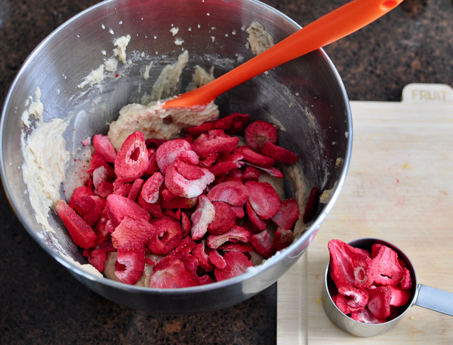 Freeze dried strawberries in muffin batter
