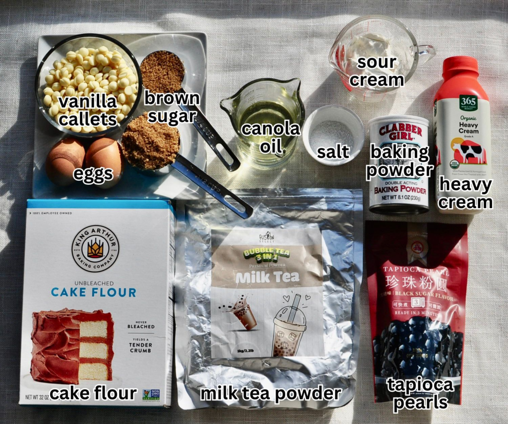 ingredients for boba milk tea cupcakes