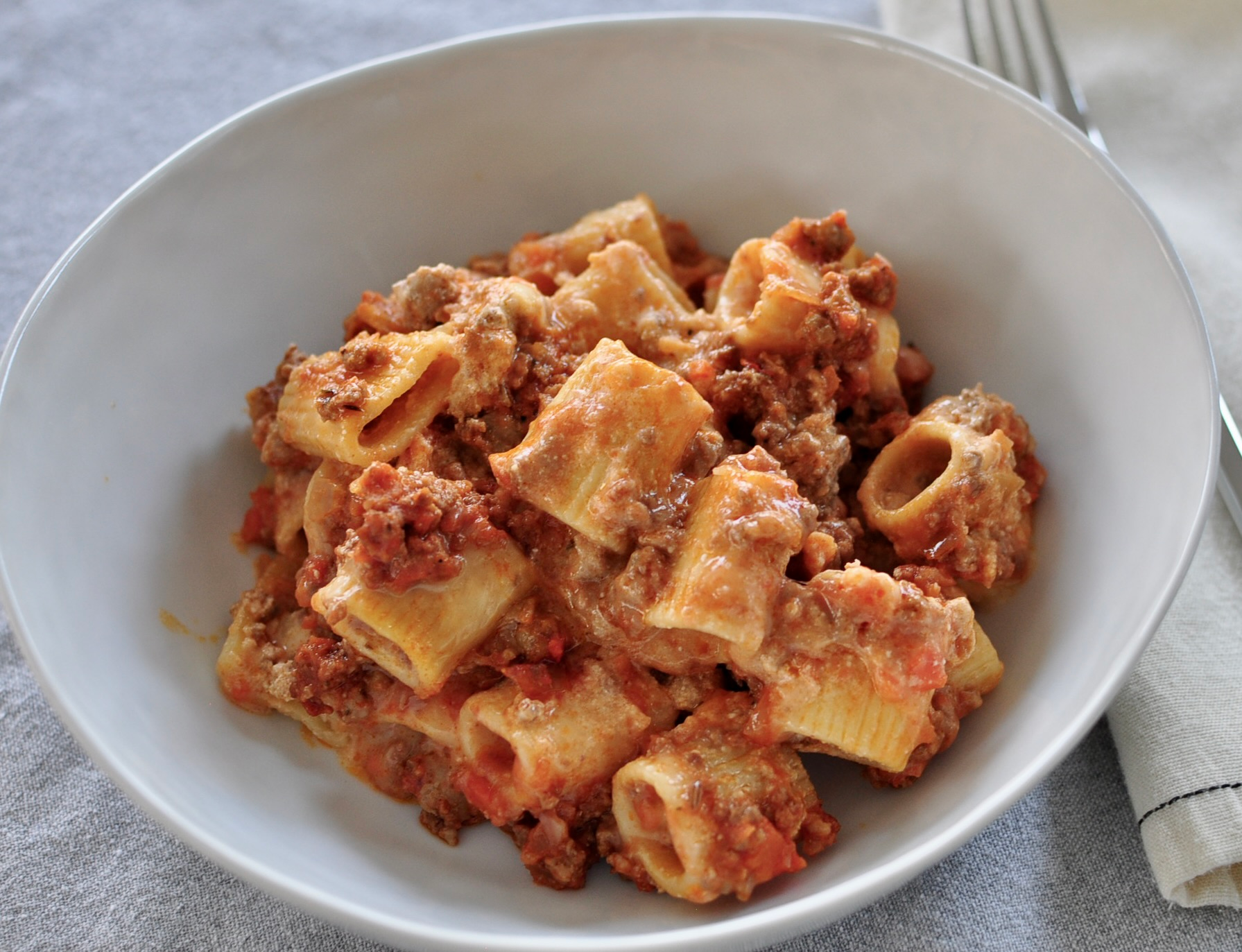 Cheesy Pasta Bake with Sausage, Ground Beef, Ricotta, Sour Cream, Egg, Mozzarella