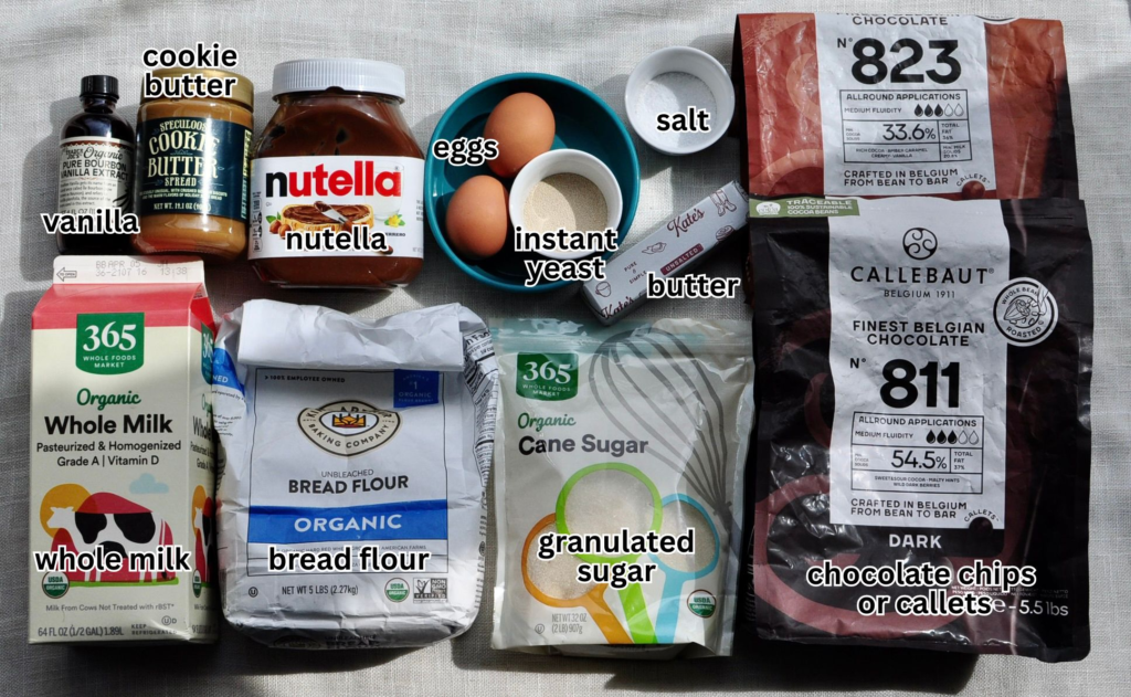 ingredients for chocolate nutella and cookie butter babka