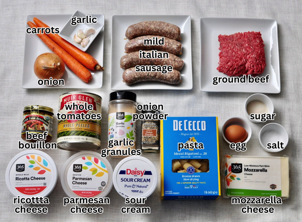 Ingredients for homemade meat sauce baked ziti