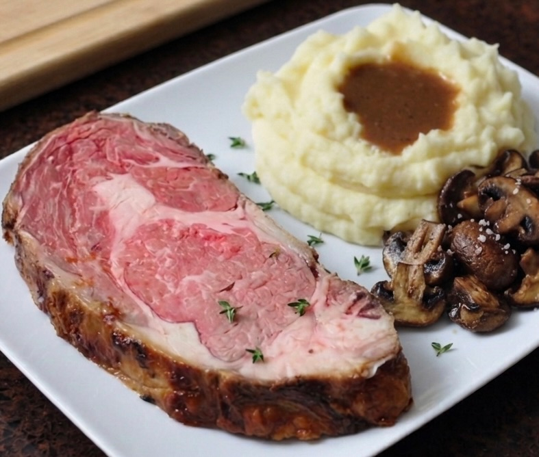Reverse Sear Prime Rib with Mashed Potatoes and Gravy and Sautéd Mushrooms