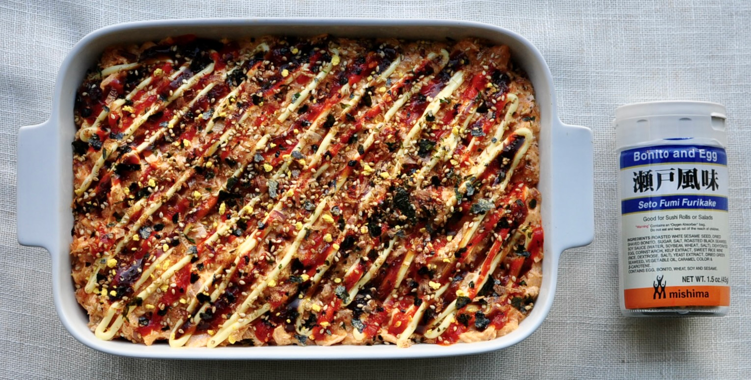 Spicy Salmon Sushi Bake Casserole with Kewpie Mayo, Sriracha, Furikake