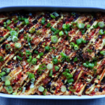 Spicy Salmon Sushi Bake Casserole with Kewpie Mayo, Sriracha, Unagi Sauce