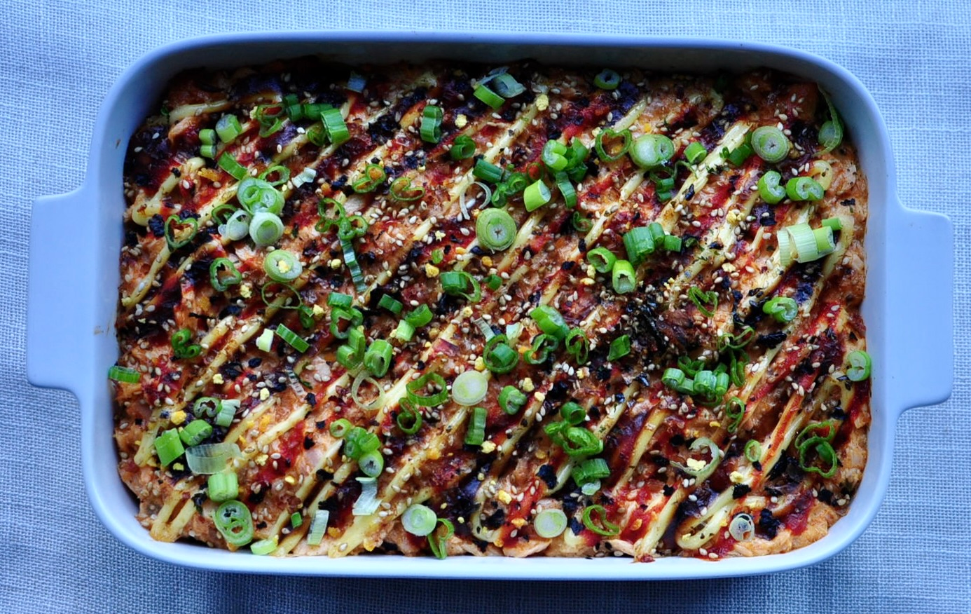 Spicy Salmon Sushi Bake Casserole with Kewpie Mayo, Sriracha, Unagi Sauce