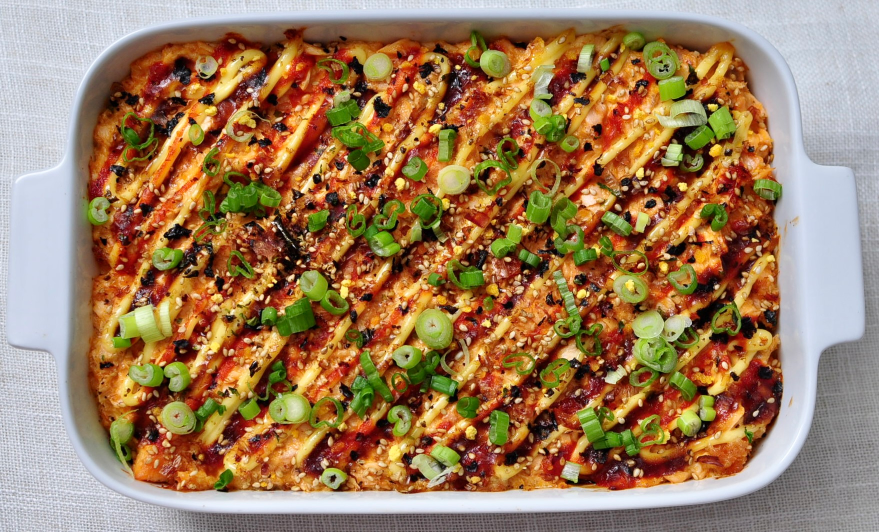 Spicy Salmon Sushi Bake with Kewpie Mayo, Sriracha, Furikake