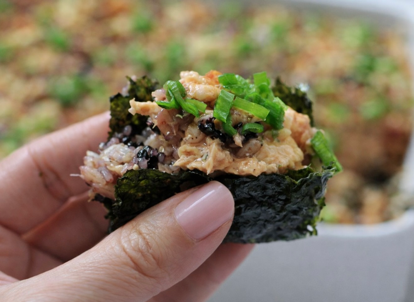 Spicy Salmon Sushi Bake with Roasted Seaweed for Hand Roll
