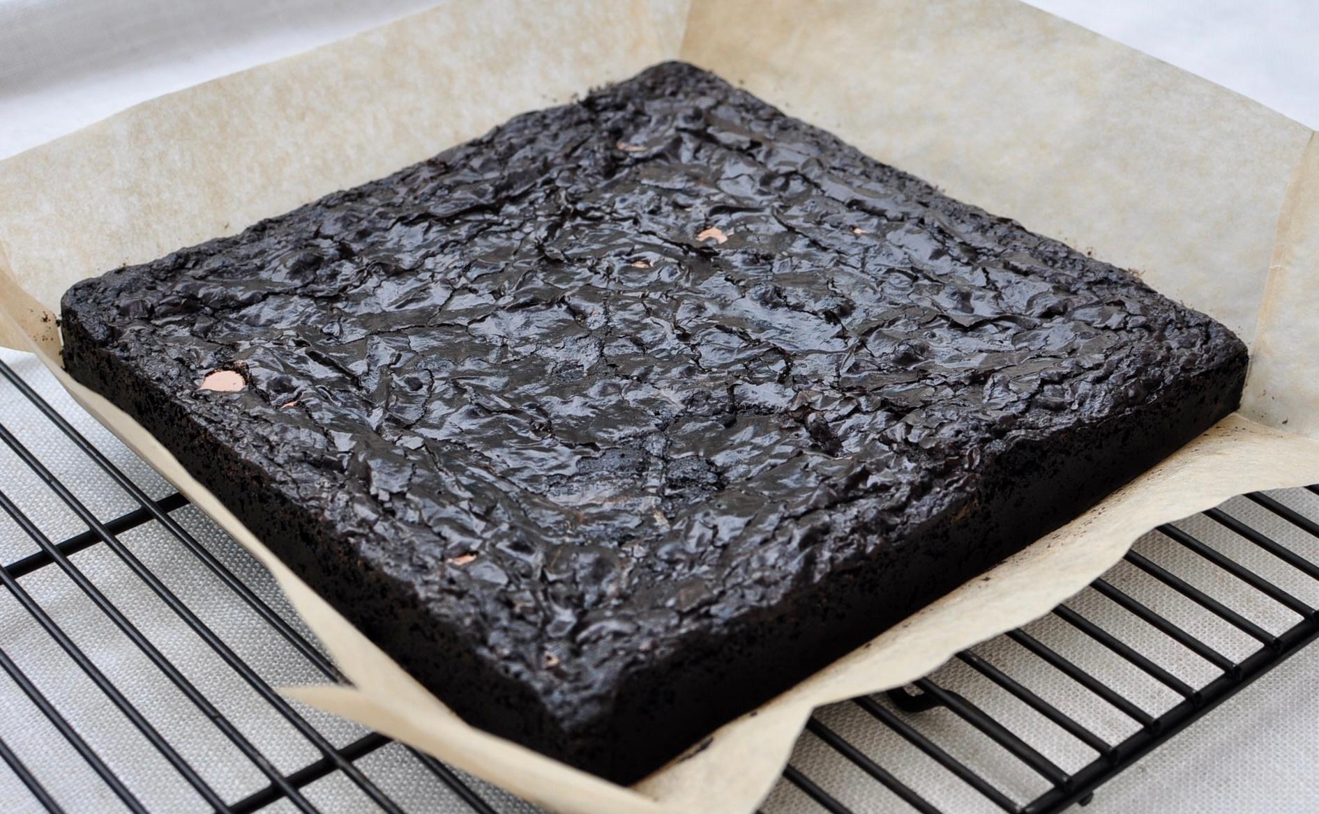 Black Cocoa Brownies Cooling on Wire Rack