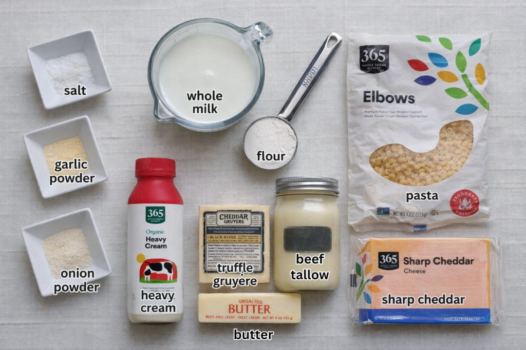 Ingredients for Truffle Mac and Cheese with Beef Tallow