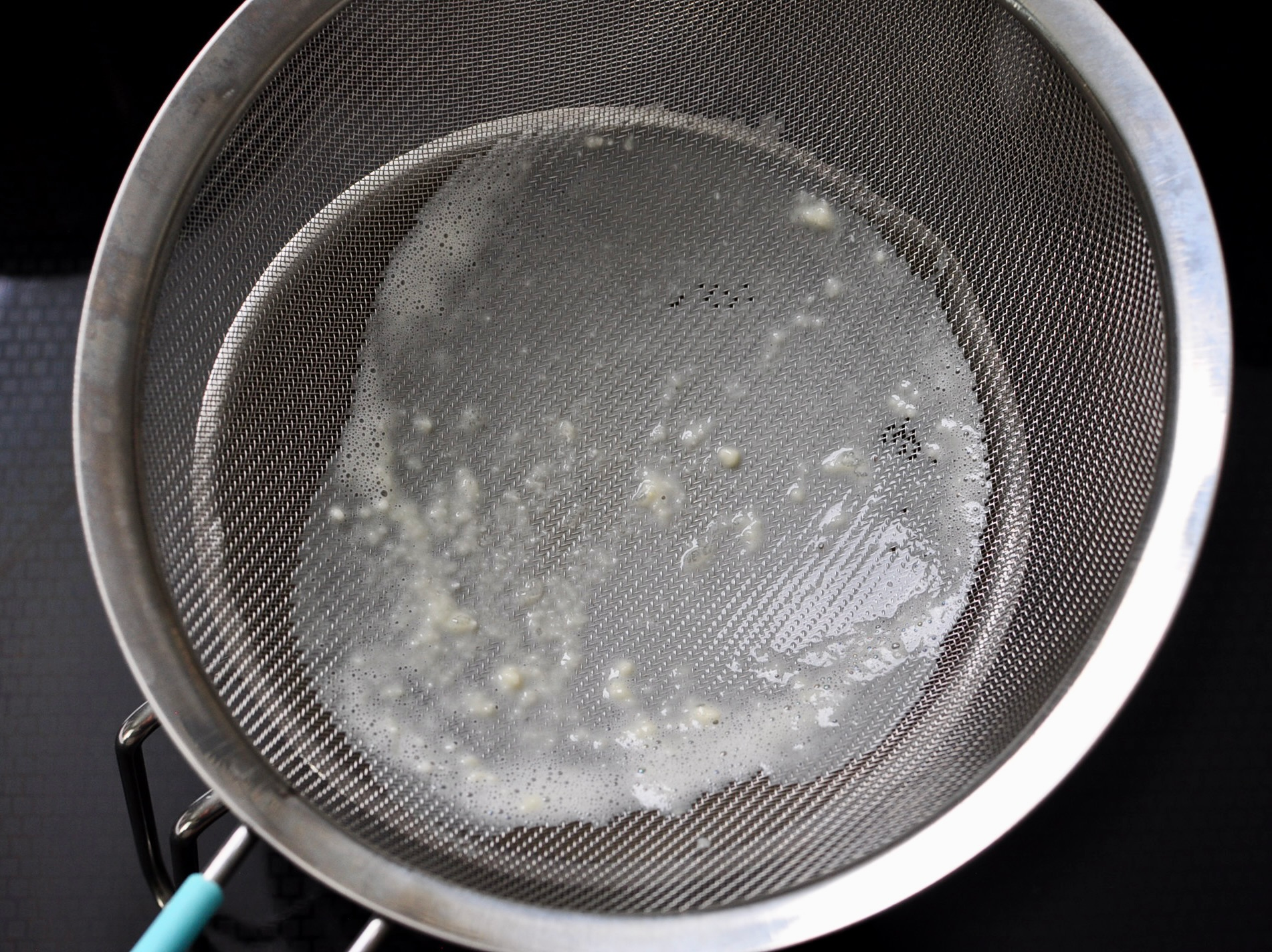 Shanghai Butter Mochi Batter Strained in Sieve