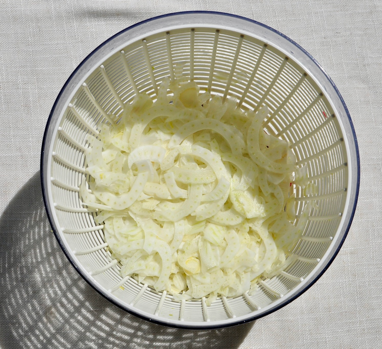 Thinly Sliced Fennel in Salad Spinner for Balthazar Salad